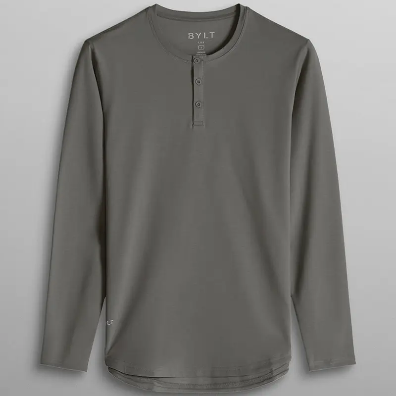 BYLT Basics Men's Henley Drop-Cut Long Sleeve Shirt - 3 Button Closure, LUX Athletic Top, Casual Chic Minimalist Plain Menswear, Cold Wash Compatible, Henley Style