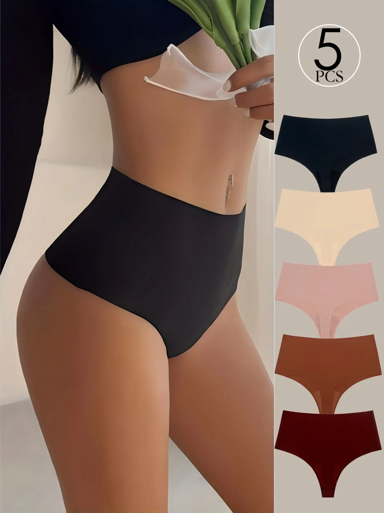 5-Pack Women's Seamless High-Waisted Thongs, Elegant Plain Design, Fitted Comfortable Underwear, All-Seasons Wear, No Ca Prop 65, Fitted Panties, Seamless Undies