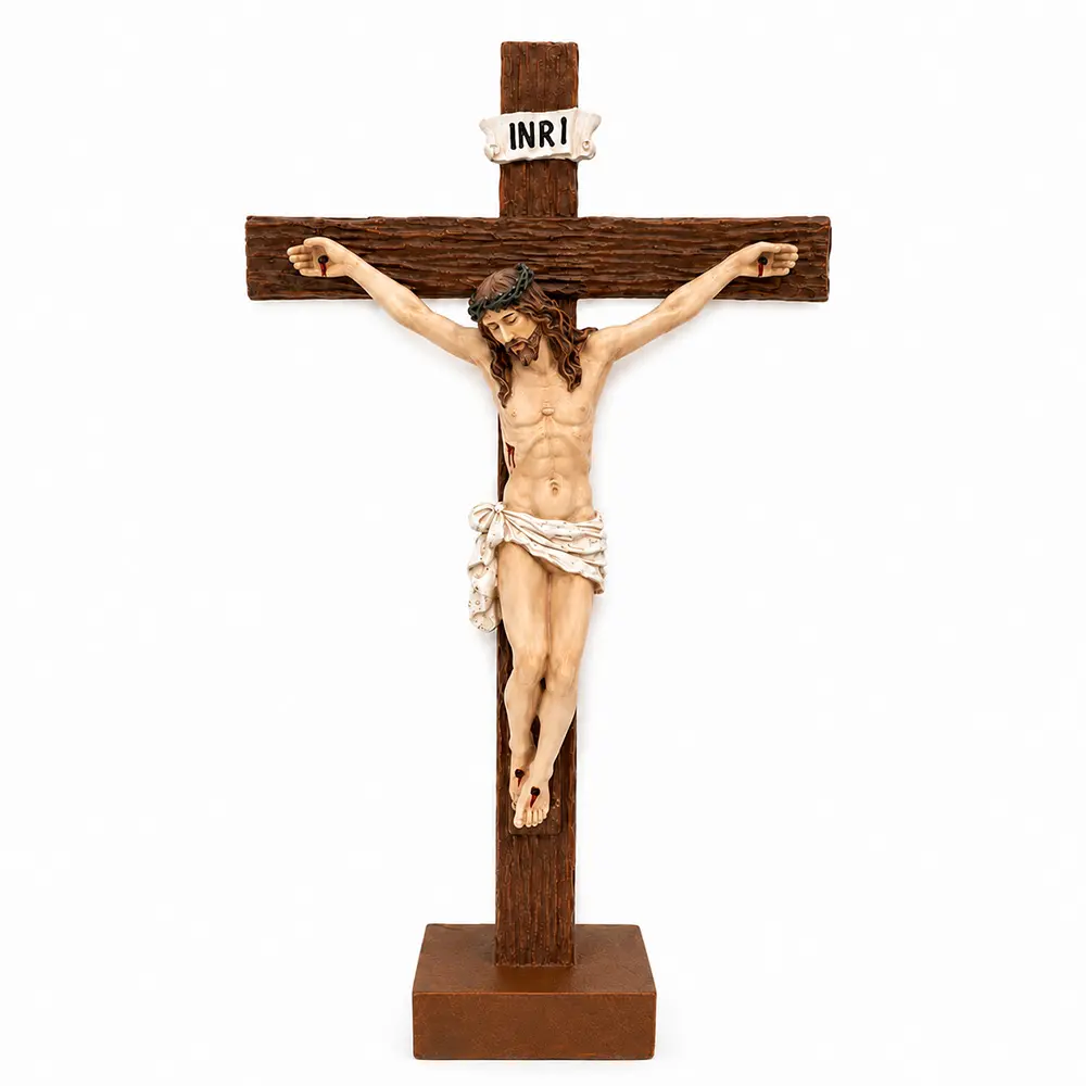 Jesus Cross Crucifix Ornament for Home Decor - Large 10.24-Inch Wood Grain Statue with Base for Tabletop Altar or Desk - Meaningful Christian Religious Gift for Faithful Believers