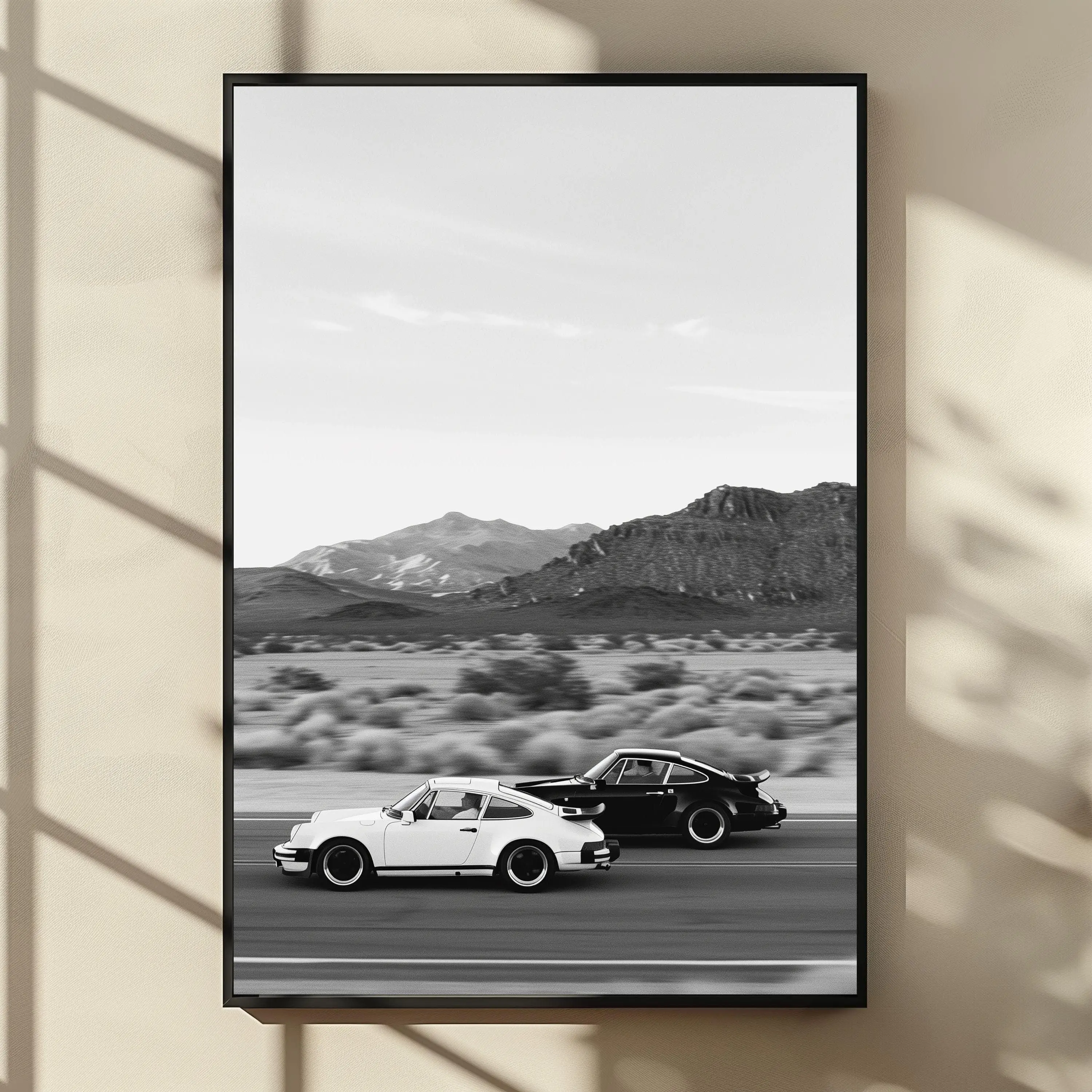 Classic Porsche 911 Racing Poster, Black & White Desert Road Wall Art, Vintage Sports Car Photography Print, Digital Download
