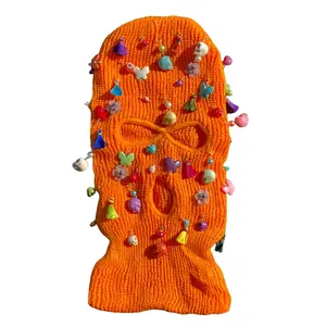 Orange Stretch Knit Ski Mask/Balaclava with Dia de los Muertos inspired charms