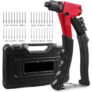 Rivet Gun with 200Pcs Rivets, Manual Rivet Gun Kit with 4 Tool-Free Interchangeable Rivet Heads, BMC Case, Heavy Duty Single Hand Riveter for Plastic, Metal, Leather