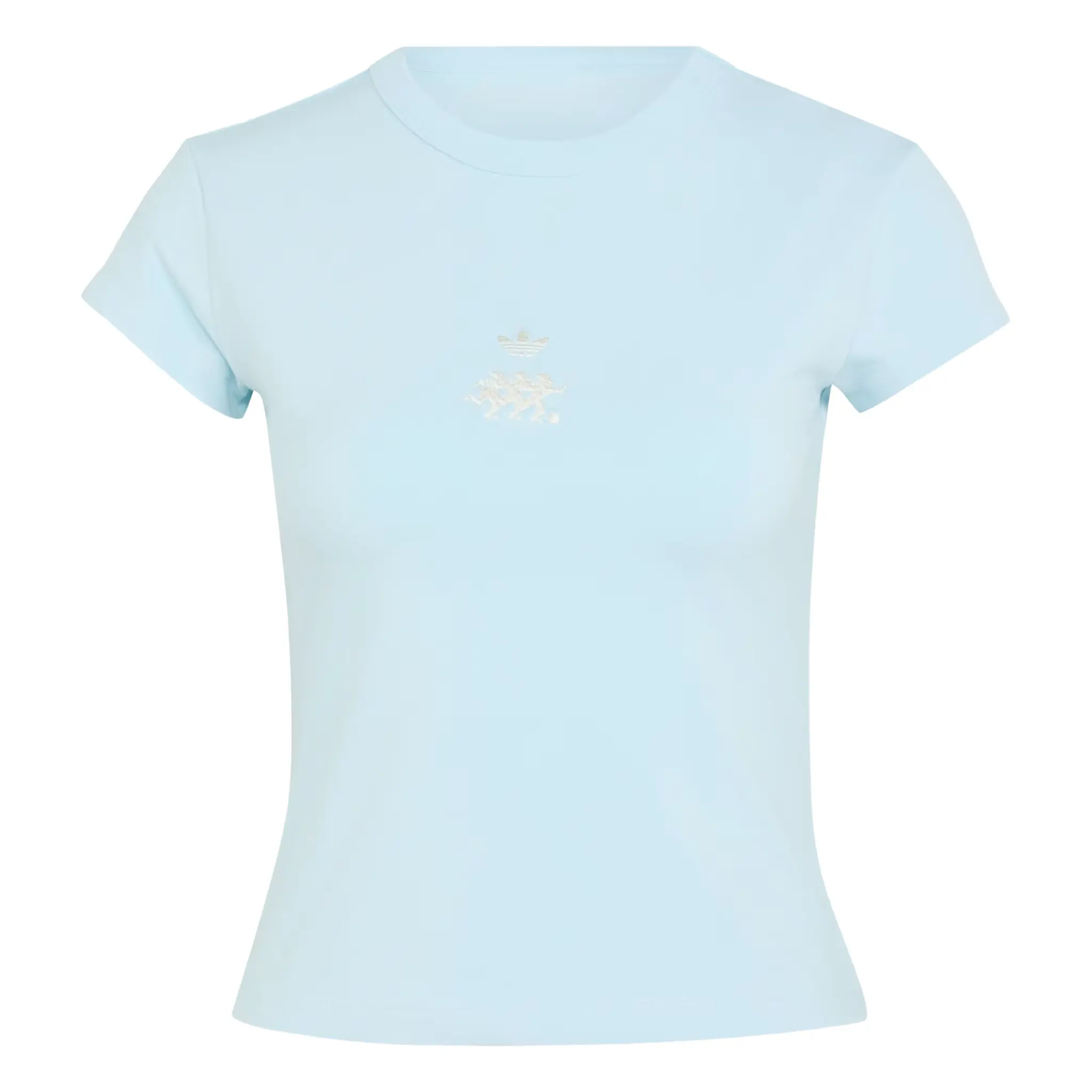 Adidas Originals Women's Light Ice Blue Pullover Athletic Sportswear Apparel Baby Tee, KU9200, Shortsleeve, Cropped, Everyday, Fit, Jersey, Cotton