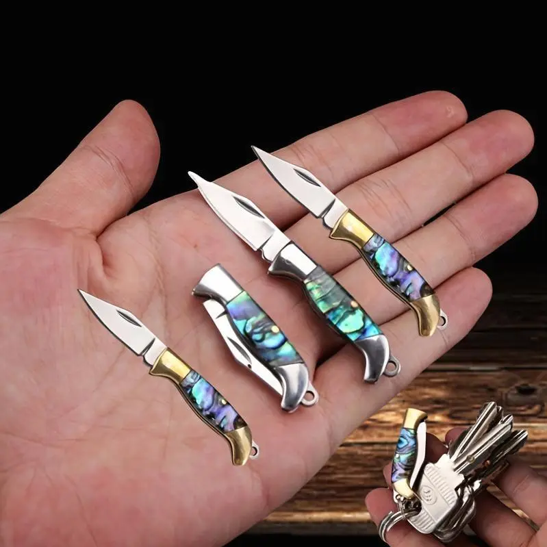 High-quality Mini Folding Knife All-steel Mini Stainless Steel Household Fruit Knife Carry Fruit Knife Pocket Knife Men's Gift Exquisite Brass Embossed Handle, Natural Shells Embellish Men's Gifts, Christmas Gifts, Men's Knives.