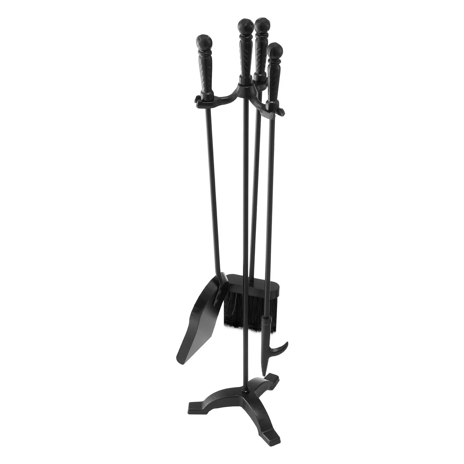 Fireplace Tool Set, Four-Piece With Holder and Three-Prong Stand, Includes Ash Shovel, Brush, Fire Poker, Wrought Iron Fireplace Accessories For Indoor And Outdoor Use, Black Finish For Home Or Patio Use