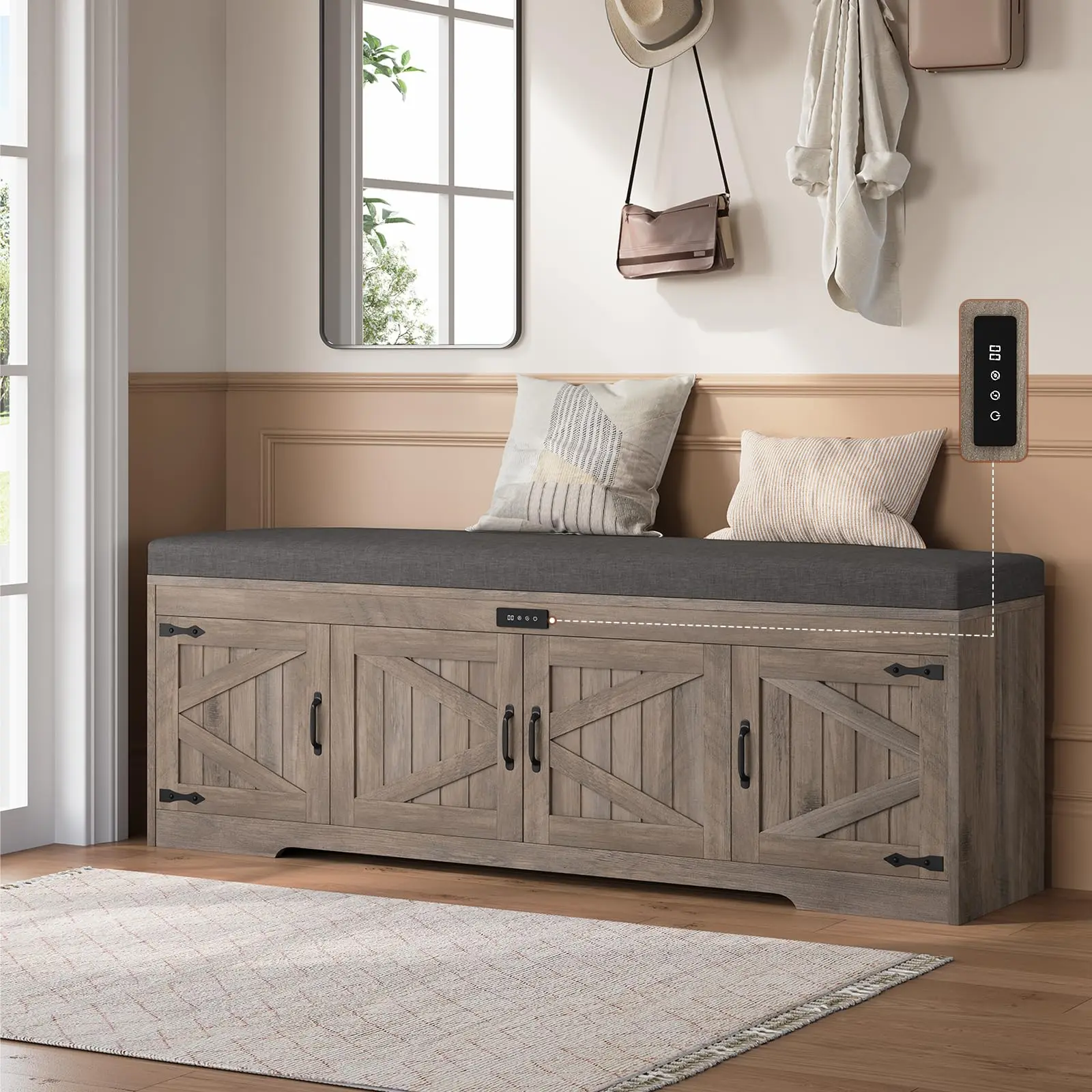 60" Farmhouse Shoe Storage Bench with Deodorizing, Entryway Storage Bench with Cushion Seat, 4 Doors Freestanding Hidden Shoe Rack, Adjustable Shelf, for Bedroom, Living Room (Gray, 60IN)
