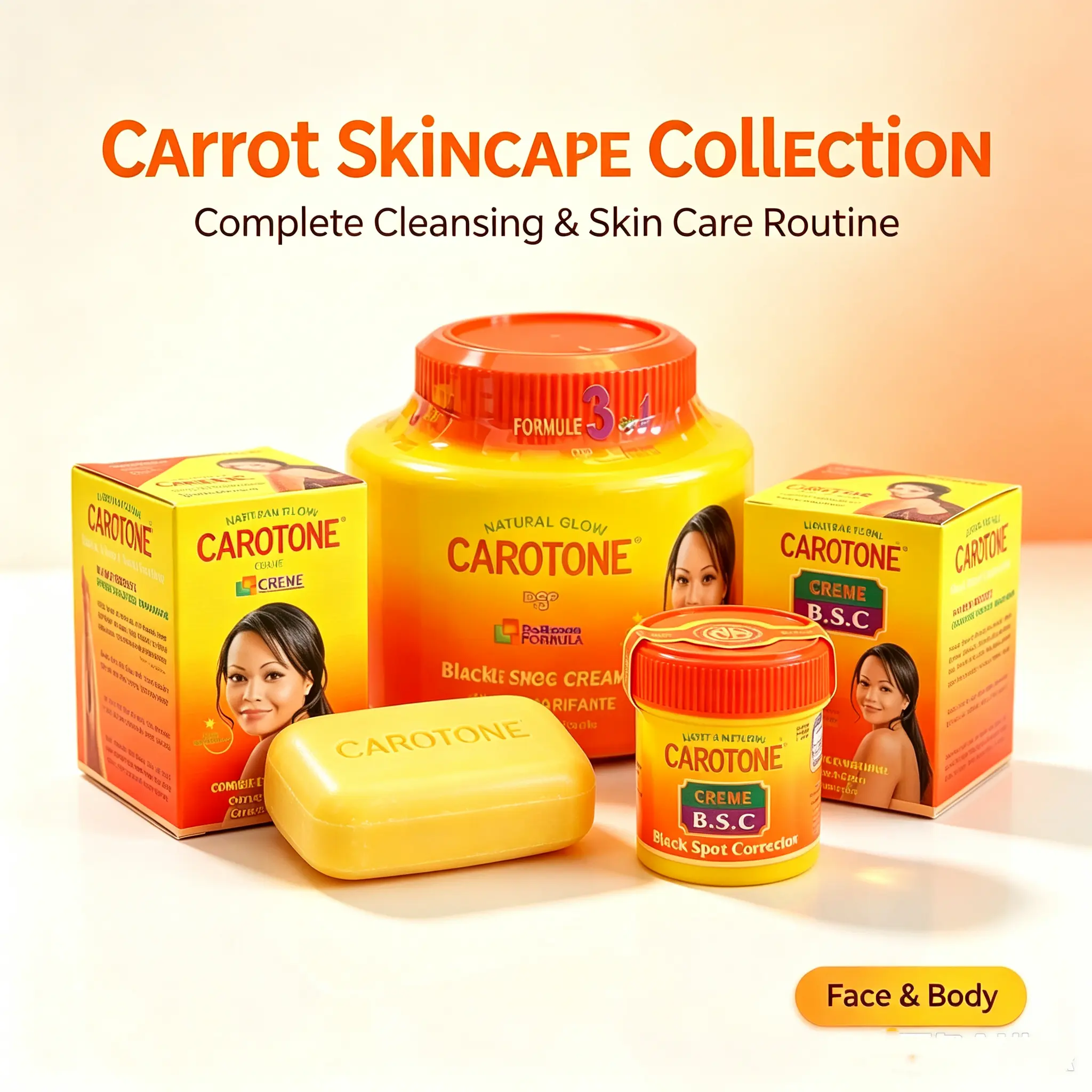 Carotone Skincare Collection, Natural Glow Face & Body Cream Set, Dark Spot Correction Moisturizing Cream & Cleansing Soap for Uneven Complexion
