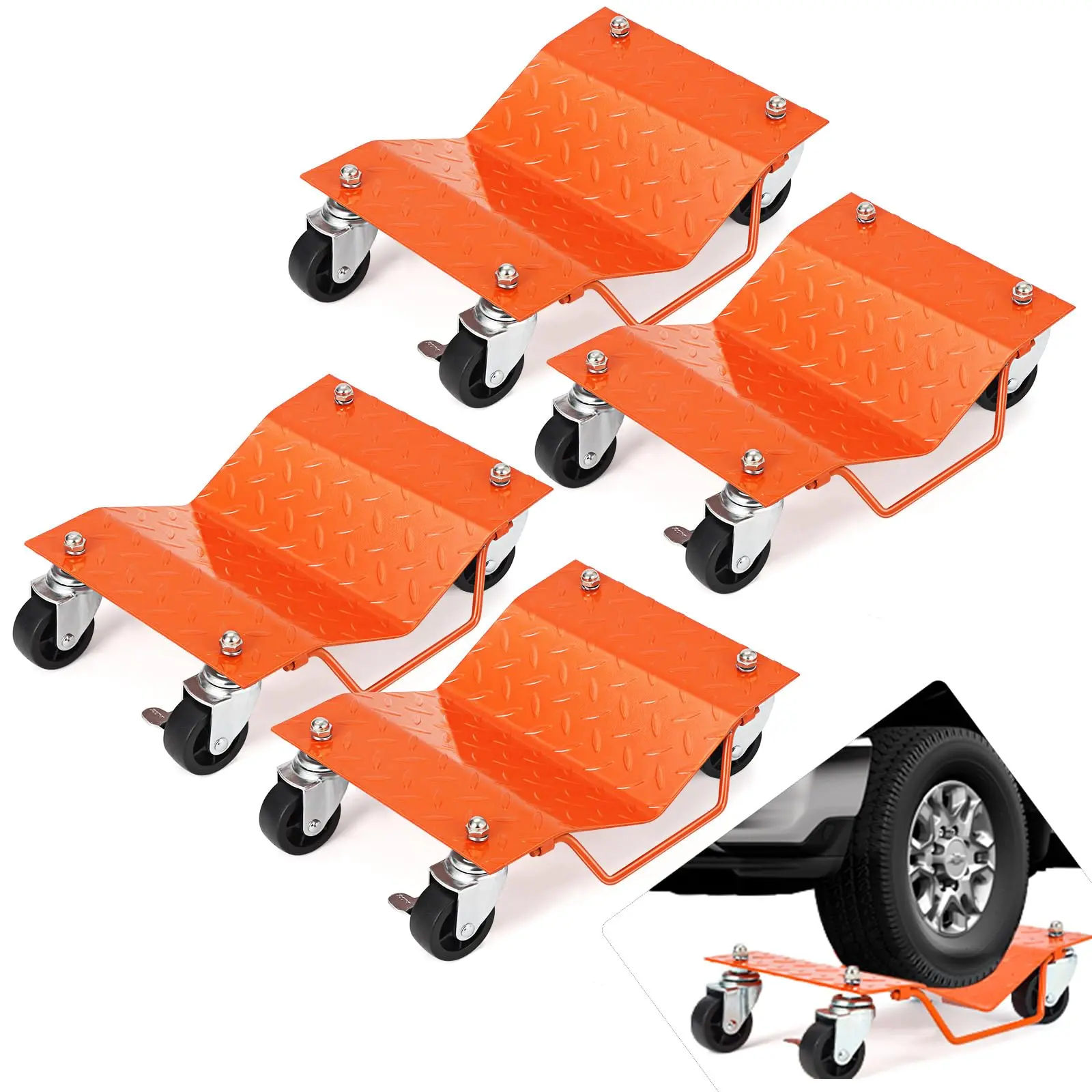 【GARVEE】Car Dolly Sets available in 2 or 4 pieces, featuring rotating wheels and high capacity for moving vehicles safely and efficiently, with options supporting 3000 LBS and 6000 LBS load capacity respectively.