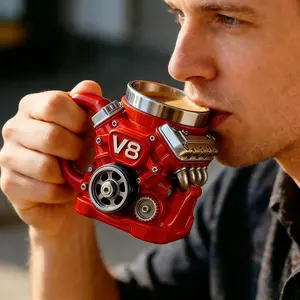 Vintage Mechanical Style Coffee Cup, V8 Engine Resin Mug, Vintage Coffee Mugs, Car Theme, Ideal Gift for Mechanic Boyfriend, Father's Day Present, Hand Wash Only