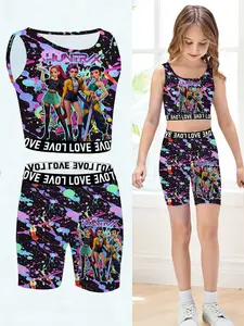 Girls Kpop Series Vest Shorts Set, Ink Battle Cartoon Print Design, Summer Yoga Short Pants Two-Piece, Casual Street Style