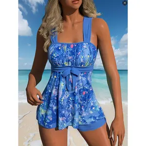 [Blue Tankini] Two Piece Blue Printed Lace Tankini Swimsuit |     Drawn Fold, Cover Belly, Look Thin, Casual Vacation For Women