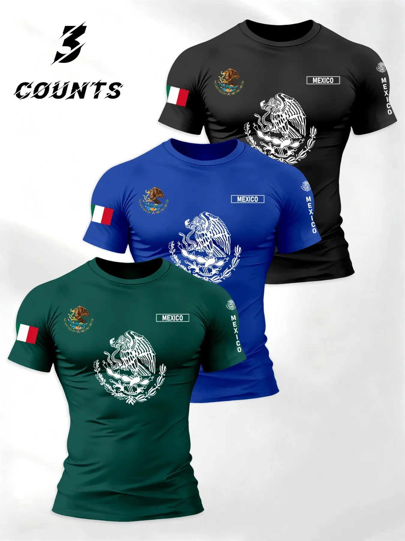 Men's 3-Piece T-Shirt Set, Round Neck Short Sleeve, Comfortable Fashion Streetwear Mexican Print, Casual Daily Wear, Multiple Colors Available, Outfits