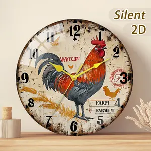Wooden/frosted Glass Wall Clock, Modern Fireplace Mantel Clock, Rooster Pattern, Farm Theme, Battery Operated, Home Decor Gift