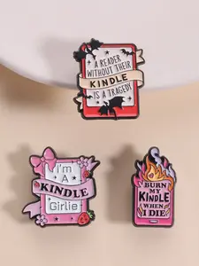 3-Piece Enamel Pin Set for Kindle Enthusiasts, Kindle Girlie, Quirky Dark Humorous Designs with Lettered Slogans for E-Book Lovers, Perfect for Daily Accessories & Reading Community