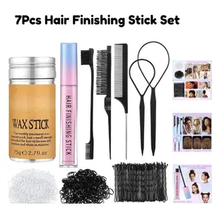 7Pcs Hair Finishing Stick Set with 1Pcs Slick Back Brush,1Pcs Fly Away Stick for Hair,50PCS Bobby Pins,400Pcs Elastic Rubber Bands