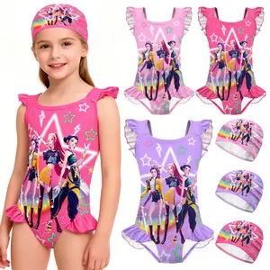 KPop  Inspired Girls Swimsuit Set, Includes Separate Swim Cap, Cute K-pop Anime Bathing Suit for Kids, Soft Stretch Summer Swimwear