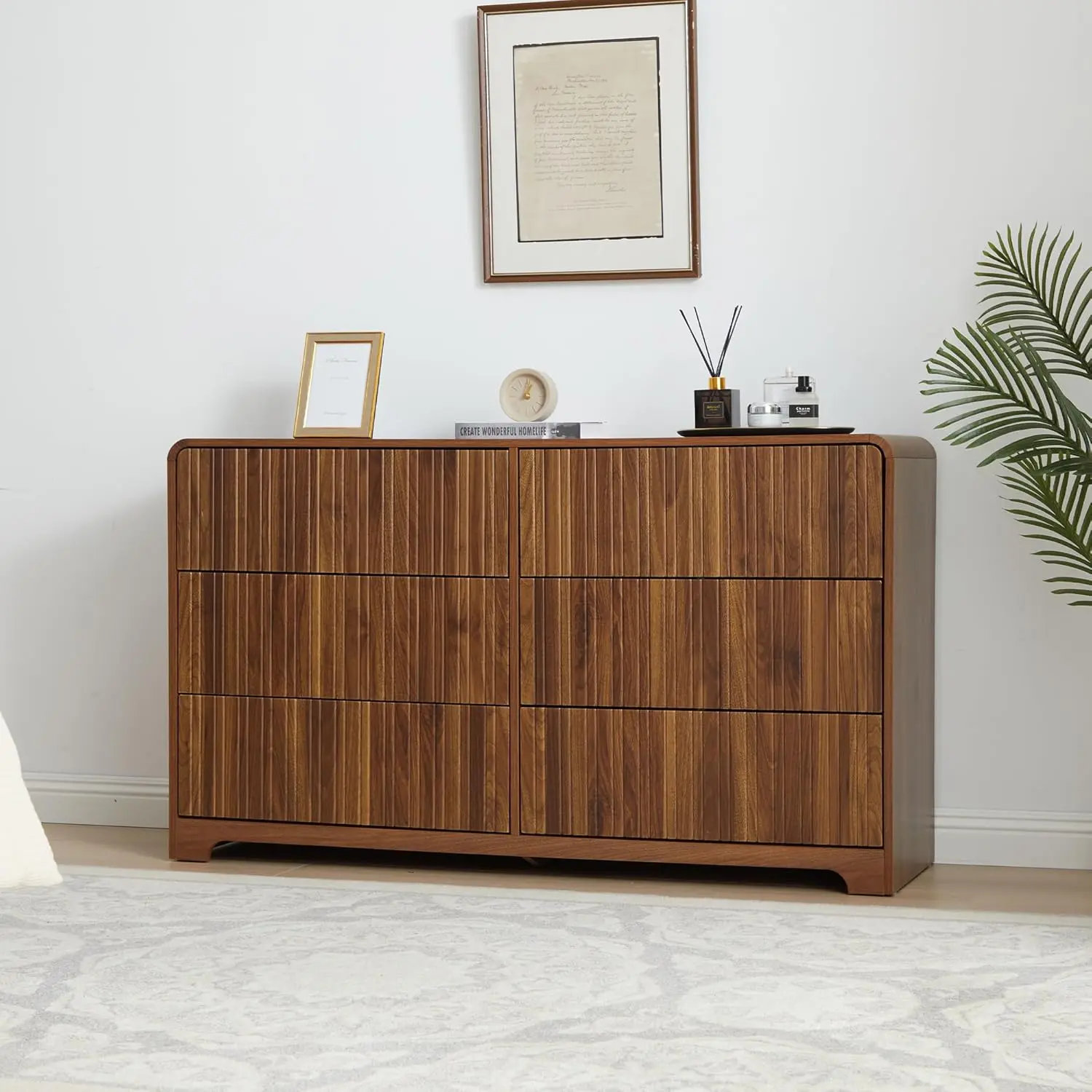 FurSch Fluted 6 Drawers Dresser for Bedroom, 53" Wide Mid Century Modern Chest of Drawers with Curved Profile Design, Large Wood Double Dresser for Living Room Wooden Dressing Table with Drawers