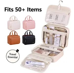 Waterproof PU Leather Makeup Bag with Hook – Extra Large Capacity & Transparent Dividers for Travel & Skincare gifts for the bedroom