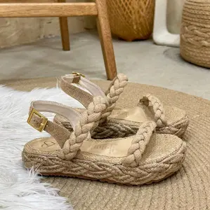 Poly Sandalia Bajita with Braided Design and Embroidered Trenzas - Beige Espadrille Style Shoes