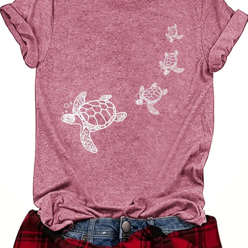 Women's Turtle Print Animal Round Neck Tee, Casual T Shirts Short Sleeve Crew Neck Fitted T-shirt for Summer, Fashion Casual Summer Chic Women's Top for Everyday Wear, Womenswear