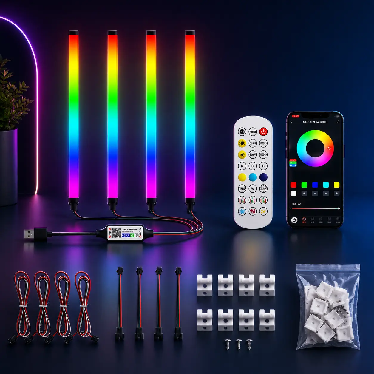 Modern Color Changing RGB LED Light Bar Kit - 4-Pack 1M USB Controller, Remote Control, 3-Way Splitter Cables, Wall Mount Clips for Bedroom, Countertop Indoor Decoration