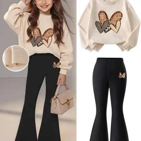 Girls' Fall Winter Heart Print Sweatshirt Set, Fitted Flare Pants, Preppy Style, Moderate Fabric, Regular Length, Everyday Outdoor Casual Wear, Outfit, Clothes