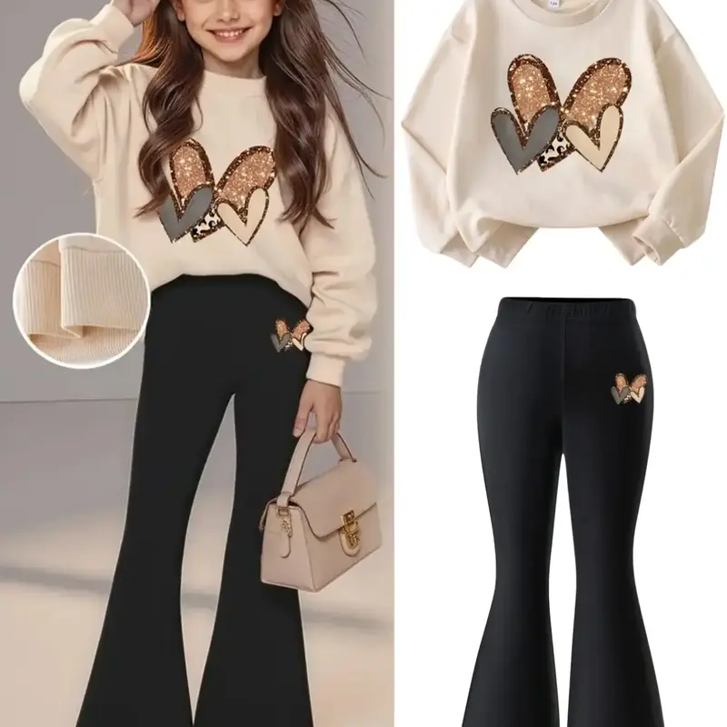 Girls' Fall Winter Heart Print Sweatshirt Set, Fitted Flare Pants, Preppy Style, Moderate Fabric, Regular Length, Everyday Outdoor Casual Wear, Outfit, Clothes
