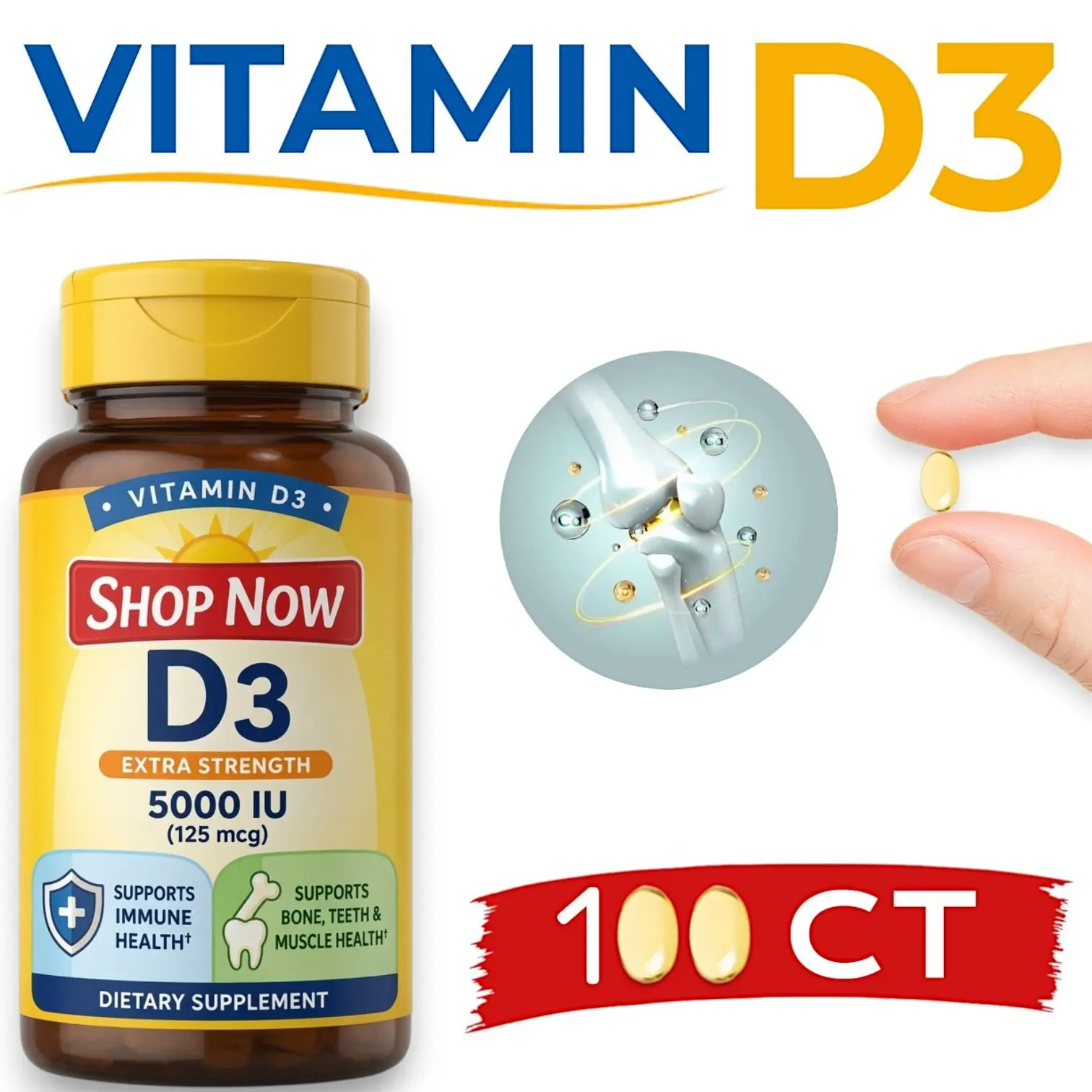 Extra Strength Vitamin D3 5000 IU (125 mcg) - 100 Softgels for Bone & Immune Support