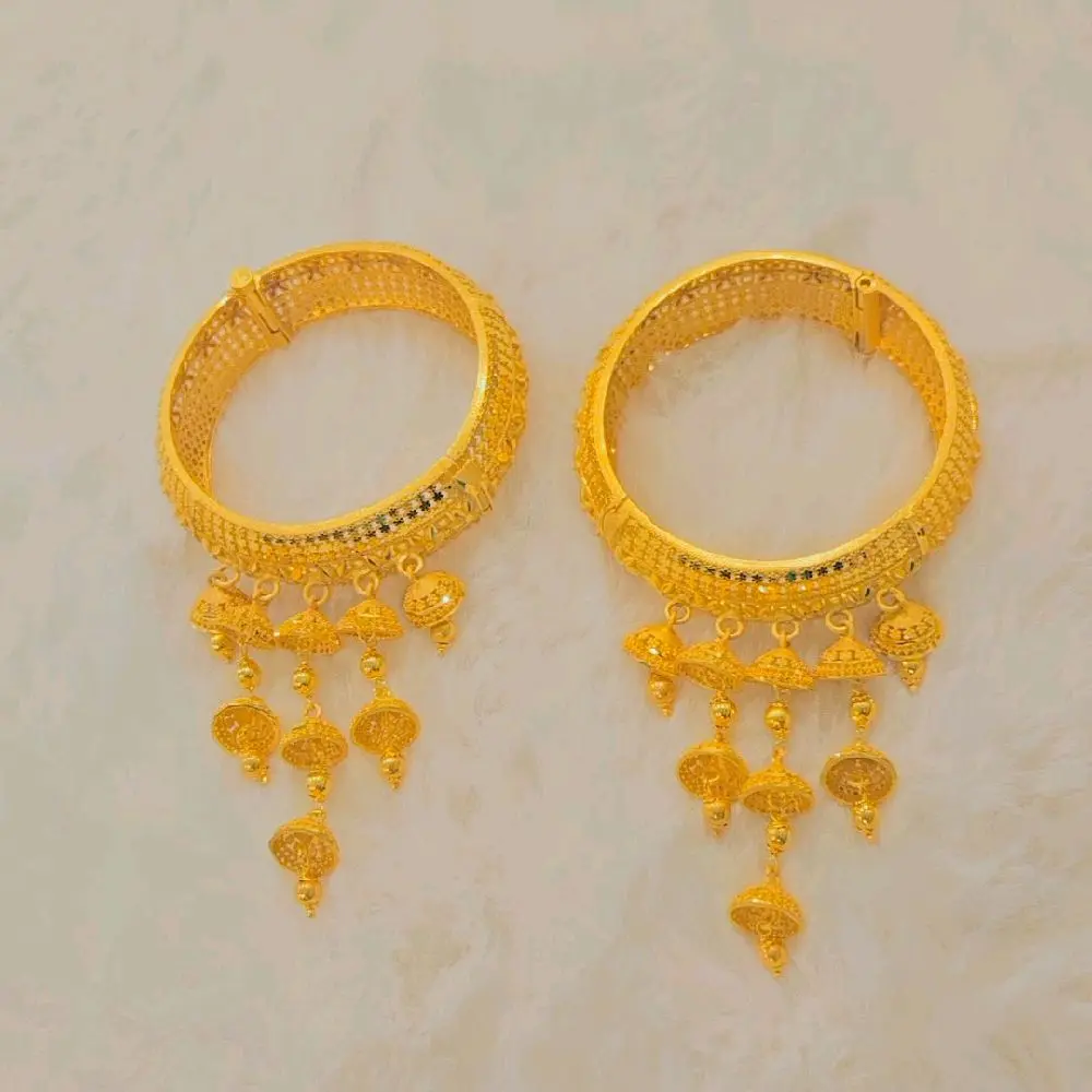 Women's 2-Piece Gold Bangle Set - Intricate Designs, Hanging Charms for Elegant Daily Wear (Fashion Accessory Set)