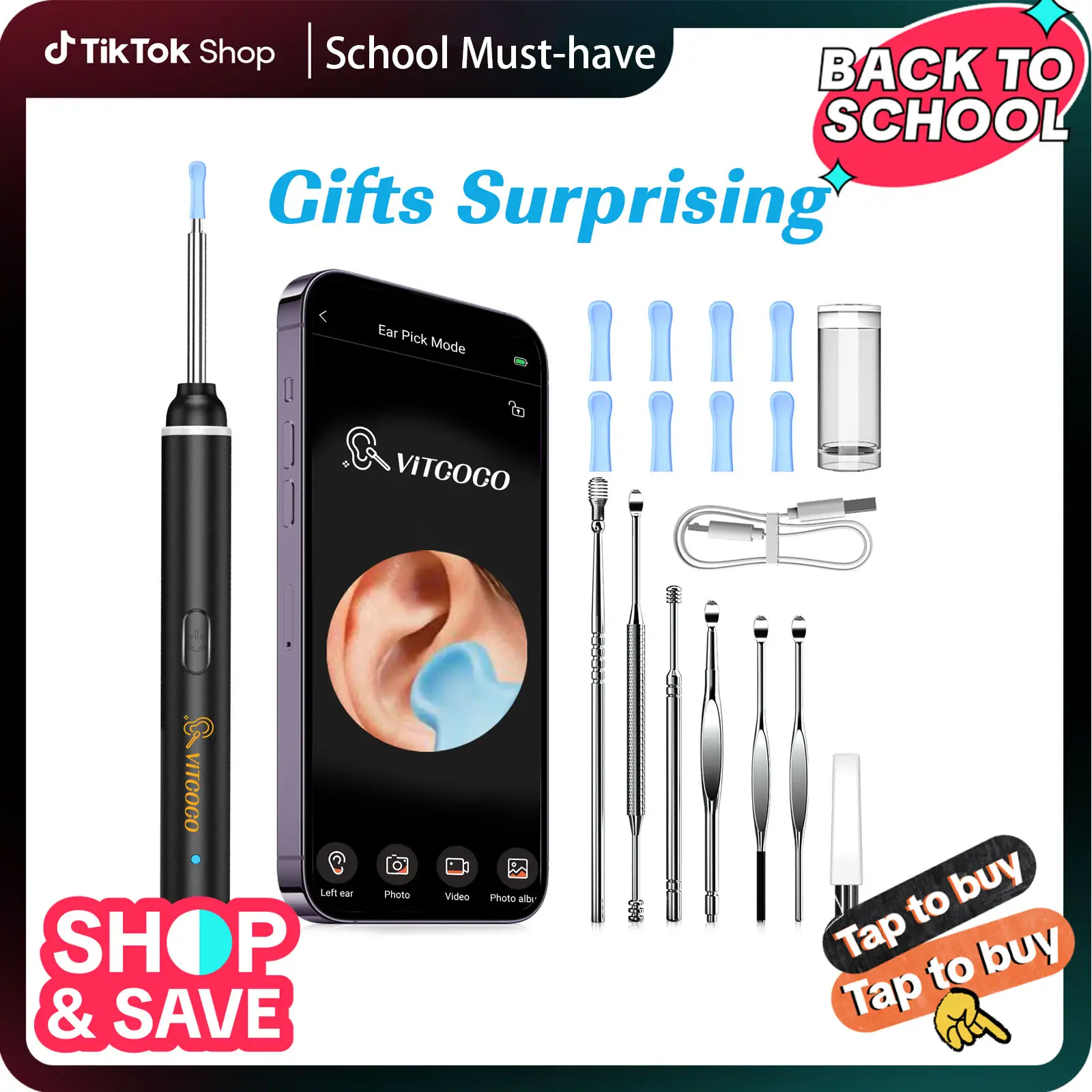 【TikTokShopBacktoSchool】VITCOCO Ear Wax Removal Tool, Otoscope with 1920P HD Camera, with 7pcs Set of Metal Ear Spoons，with 6 LED Lights for iPhone iP