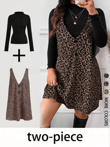 2-Piece/Women's Elastic T-Shirt + Leopard Print Corduroy Loose Dress Two-Piece Set, Casual Fashion, Comfortable Fit, Perfect for Daily Wear