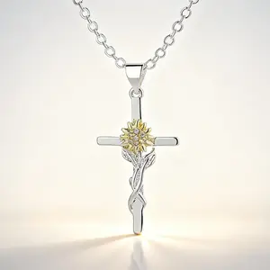 Jalen Hurts Christian Pendant: Ebony Cross & Two-Color Sunflower Safety Pin Necklace Religious Fashion Pendant