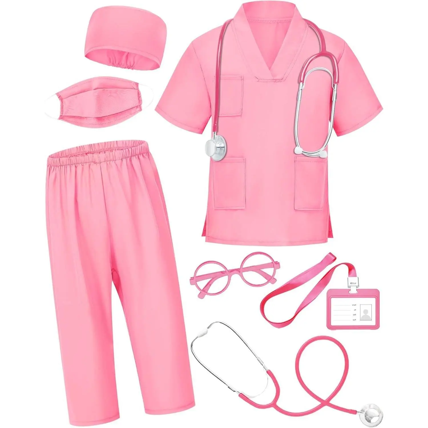 Kids' Doctor Scrubs Set, 7-Piece Solid V-Neck Role Play Costume with Accessories for Boys & Girls, Includes Real Stethoscope, Costumes With Accessories, Character Play Costumes & Accessories