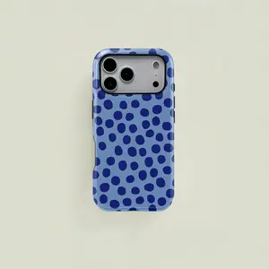 Blue Polka Dot Wave Print Protective Phone Case, Durable Two-In-One Shockproof Protection, Fits iPhone 17 16 15 14 13 12 Pro Max, Samsung Galaxy S25 S24 S23 S22 Ultra Series Smartphone