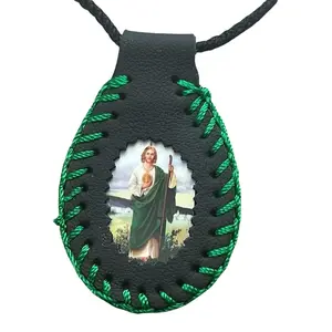 Unisex San Judas Tadeo Necklace leather Scapular style (14 inches) Saint Jude image prayer