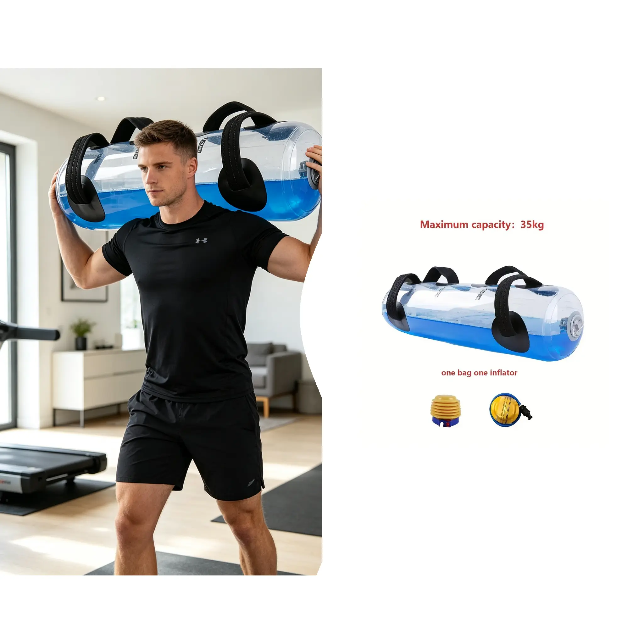 Adjustable Aqua Bag Water Weights with Air Pump, 5-35KG Portable Water Filled Fitness Bag, Leak-Proof Strength Training Equipment for Full Body Workout
