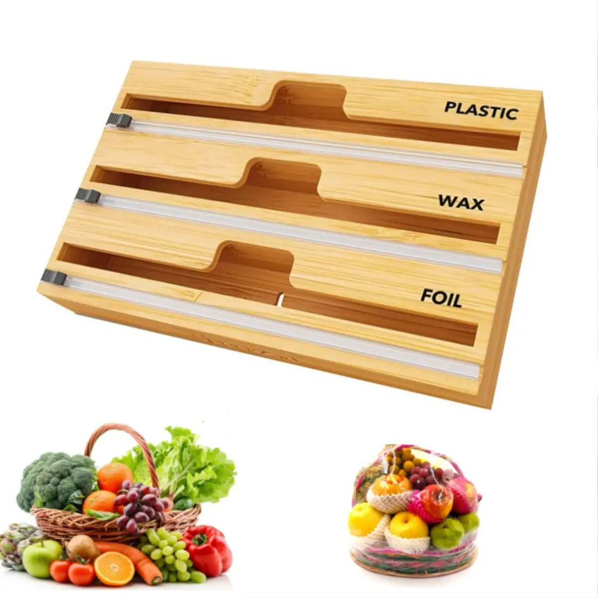 NW3lbs 3 in 1 Wrap Organizer with Cutter and Labels, Kitchen Storage Organization Holder for 12" Roll, Plastic Wrap, Aluminum Foil Utensils Dispenser