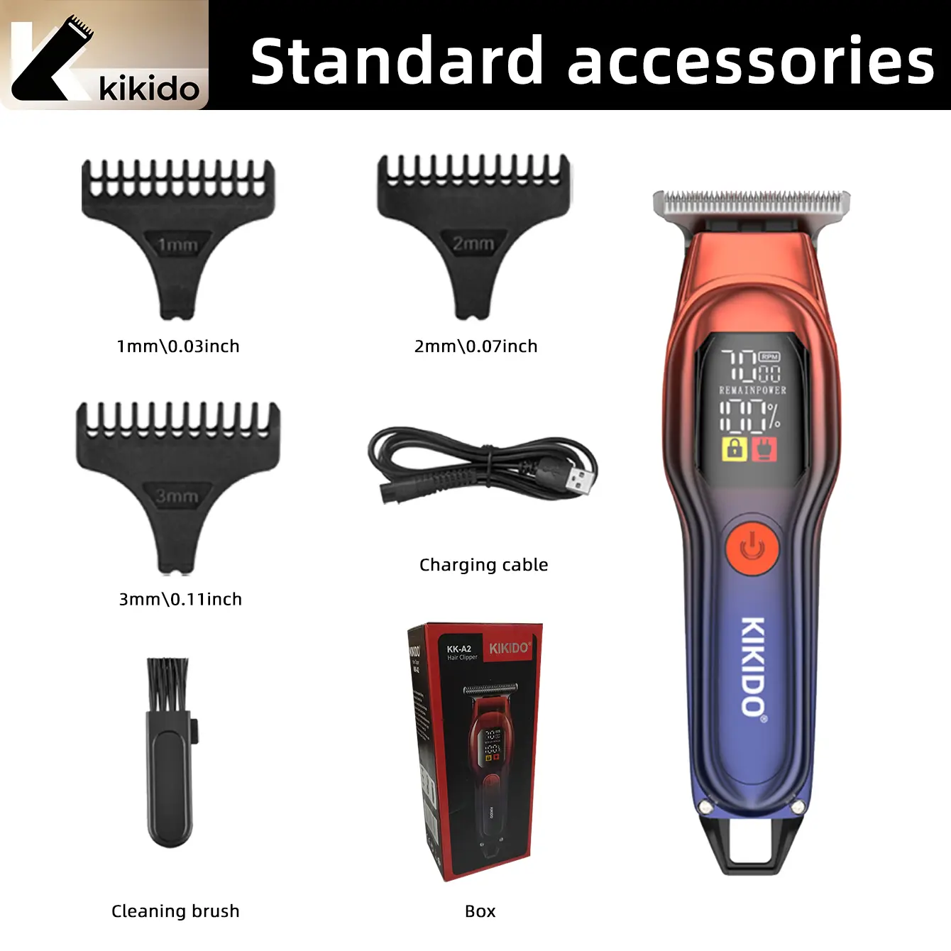 Kikido KK-A2 Cordless Professional Hair Clipper for Men, Home Use Precision Trimmer Kit with LED Display, USB Rechargeable, Low Noise