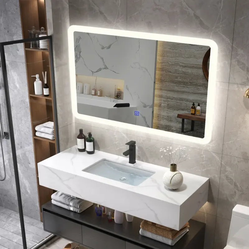 Wall-Mounted LED Glass Bathroom Mirror - Arc Corner Design, Gentle and Intelligent Touch Sensor, Energy-Saving LED Lights, Natural White Illumination, Vertically Hanging Fixture, Foam-Wrapped Safe Packaging for Indoor, Bedroom Use, Rounded Arcs