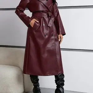 Women's Solid Double Button Belted Pocket PU Leather Coat, Elegant Waterproof Lapel Long Sleeve Outerwear for Fall & Winter, Women's Clothing for Daily Wear