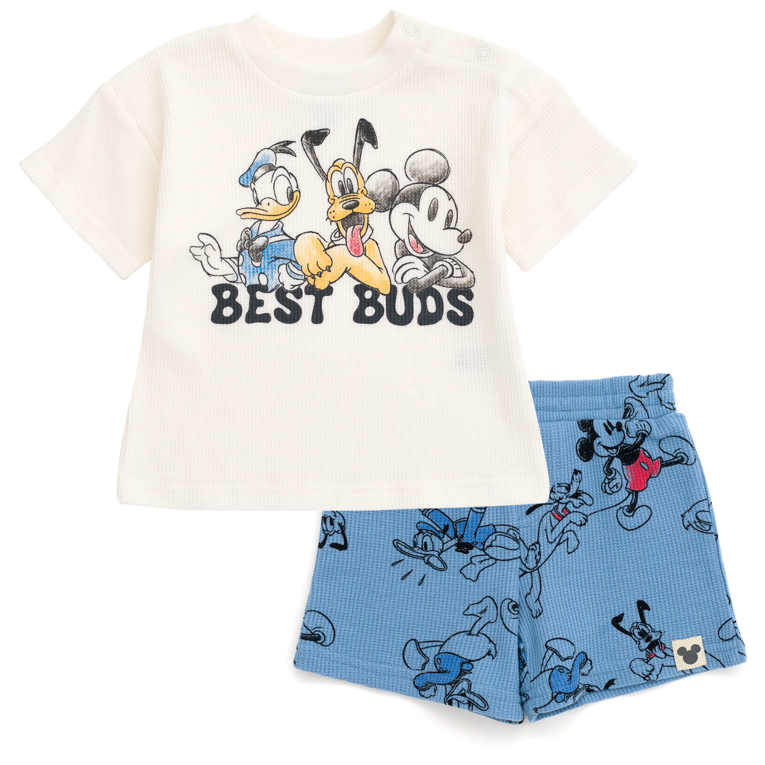 Disney Mickey Mouse Toddler Boys' 2-Piece Waffle Knit Graphic T-Shirt and Printed Shorts Set Tusk Blue