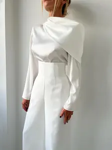 Two Piece Set Women's Elegant Stand Collar Belted Top Long Sleeve High Waist Wide Leg Slim Fit Long Pants Set, Casual Fashion Chic Commuter Suit