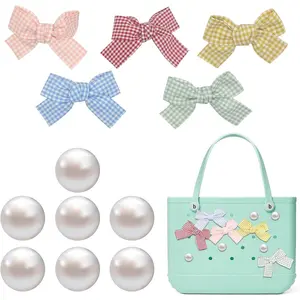 SQ-BR128 12 PCS Bow Charms Set for Bogg Bag – 5 Colorful Fabric Bows & 7 Resin Pearls, Cute Decorative Insert Accessories for Girls Rubber Beach Bags (Fits Various Sizes & Brands)