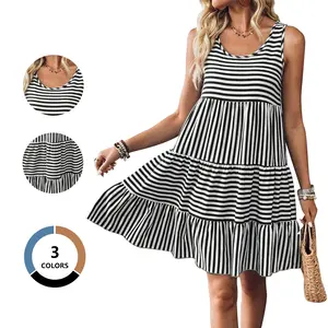 Women's Striped Tiered Sleeveless Dress - Casual Flowy A Line Summer Midi Dress