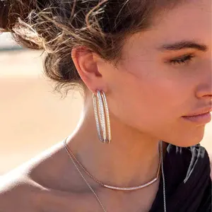 1 Pair Silver Plated Large Square Hoop Earrings for Women – Hypoallergenic Sparkly Cubic Zirconia Earrings for Sensitive Ears, Lightweight Statement Square Hoops, Funky Unique Jewellery for Daily Party & Special Occasions