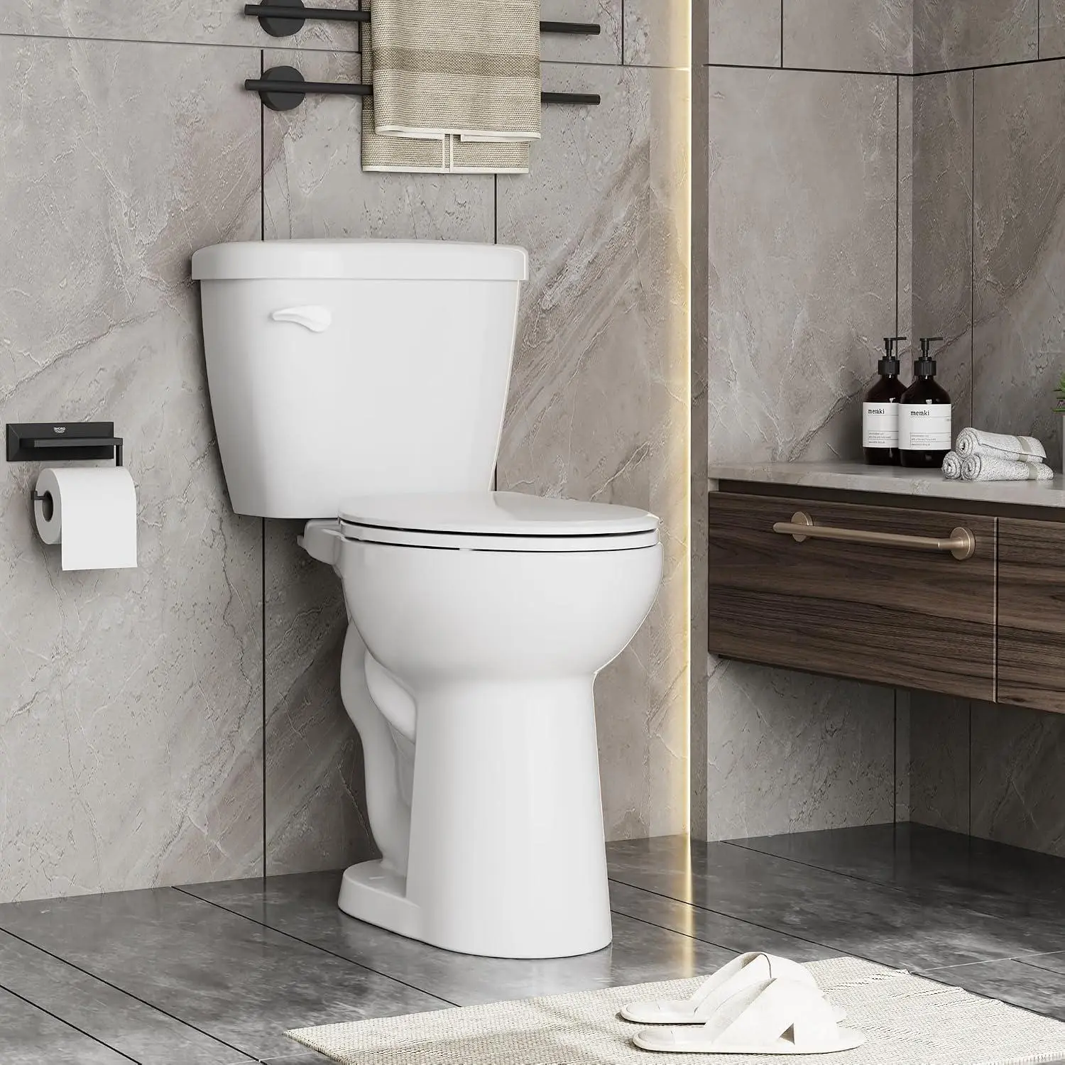 GARVEE Two Piece Toilet with ADA Height, Elongated Ceramic Bowl and Locking PP Lid - Side Push Handle,Water Efficient 1.28 GPF, Modern Design