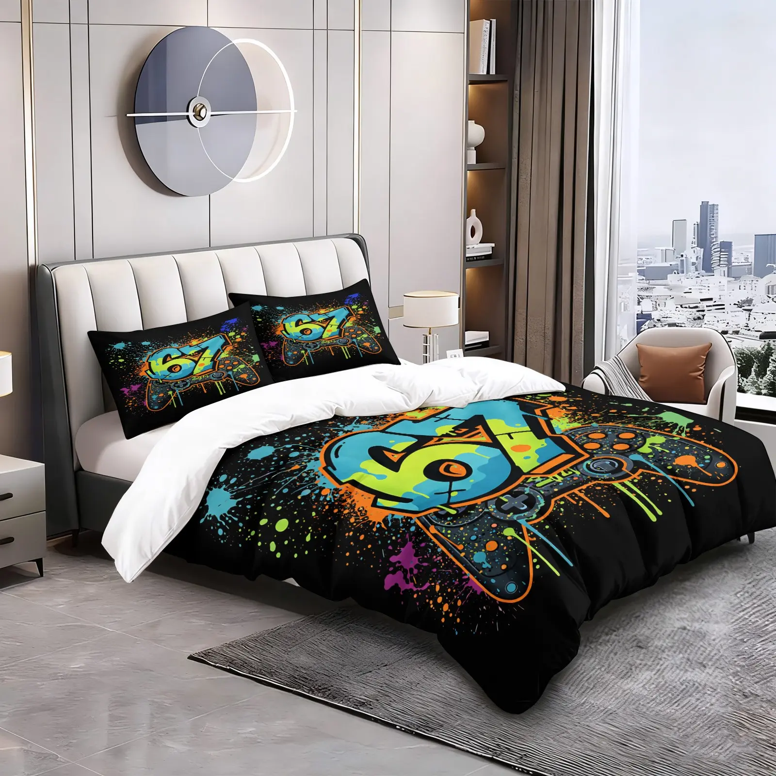 2/3PCS Graffiti Game Controller Duvet Cover Set, Gamer 67 Comforter Cover Bedding Set No Filler, Printed Bedding Set, Neon Spray Paint Digital Print Decorative Duvet Cover for Teen Boys, Kids, Bedroom, Dorm, Gaming Room Decor