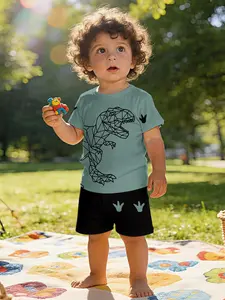 Baby Dinosaur Footprint Print Short Sleeve Set, Casual Toddler Clothing, Perfect Gift for Infants, 100% Polyester, Daily & Outdoor Wear