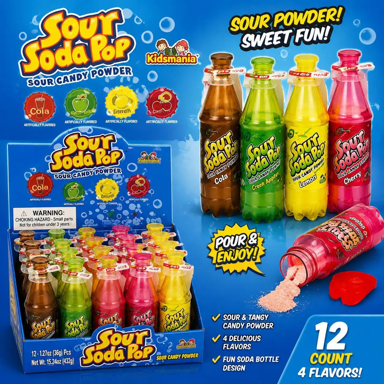 Kidsmania Sour Soda Pop Candy Powder, Cola & 3 Other Flavors, 12 Pieces Bottle Packs Candies, Sweet Snack