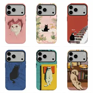 Retro Cat Illustration Phone Case, Vintage Kitty Art Tough Cover, Aesthetic Bookish Cat Protective Case, Compatible for iPhone 17 16 15 14 13 12 11 and for Samsung S26 S25 S24 S23 S22 S21, Perfect Holiday Gift